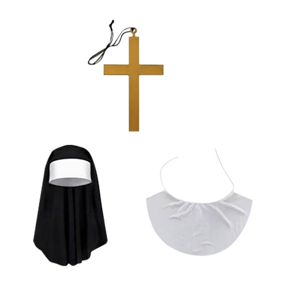 FSSTUD Nun Costume Set Nun Head Scarf White Nun Collar Plastic Cross Pendant Necklace Fancy Dress Headscarf Halloween Party Cosplay Accessories for Decoration