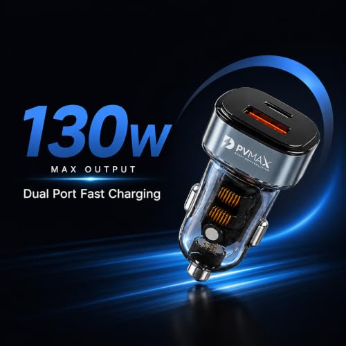 Image of PVMAX 130W Car Charger, Type-C PD 30W & USB 100W Dual Port Fast Charging, QC Certified, Car Mobile Charger Adapter for All iPhone, Android Smartphones & Laptop, 1 Year Warranty (Transparent)