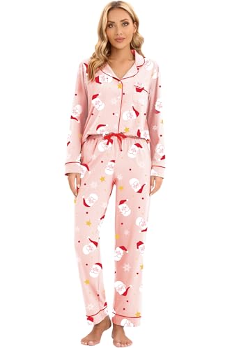 Image of LUBOT Christmas Pajamas for Women 100% Cotton Pajama 2 Piece PJ Set Soft Long Sleeve Button Xmas Print Loungewear XS-XXL