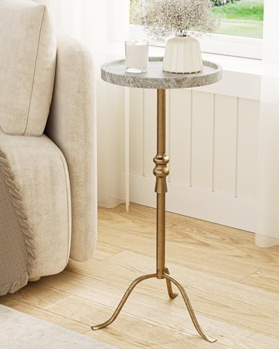 AEPOALUA 26' Round Pedestal End Table, Brass Iron with Grey Faux Marble Top