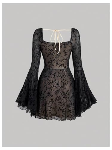 Image of WDIRARA Women's Floral Jacquard Mesh Gothic Dress Bell Long Sleeve A Line Vintage Dresses