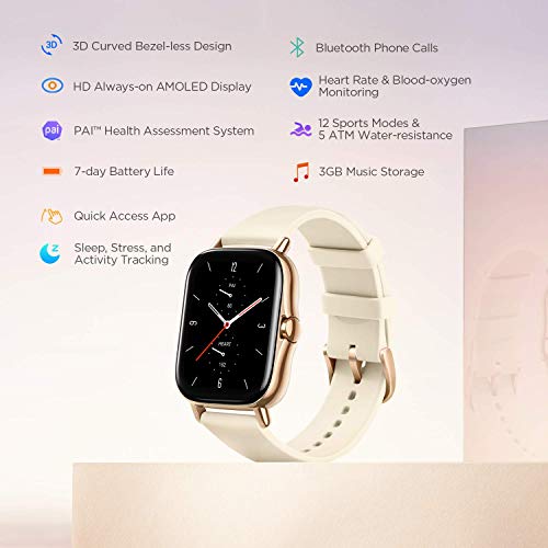 Image of Amazfit GTS 2 Smart Watch, 1.65 inch AMOLED Display, Built-in Amazon Alexa, Built -in GPS, SpO2 & Stress Monitor, Bluetooth Phone Calls, 3GB Music Storage, 90 Sports Modes (Desert Gold)
