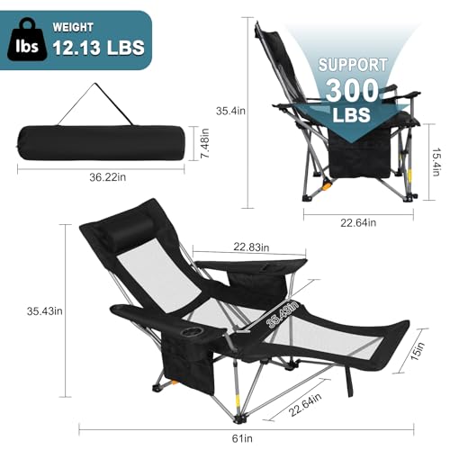 Image of Romswi 2Pack 4-Position Reclining Camping Chair with Removable Footrest, 2-in-1 Adjustable Portable Lounge Chair with Cooler Bag, Cup Holder, Side Pockets & Carry Bag for Outdoor, Mesh Black