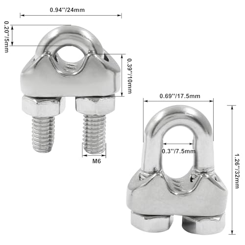 Image of 304 Stainless Steel 1 /4 Inch M6 Wire Rope Cable Clip Clamp,18Pcs U Bolt Saddle Fastener for Securing Loads,Rigging, Temporary Guardrail Systems