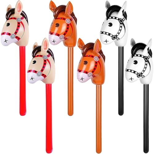 6PCS Inflatable Stick Horse - Pony/Western Cowboy/Horse Baby Shower Birthday Party Decorations Inflatable Horse Head (Red Brown Black)