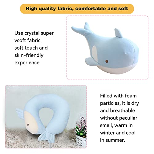 Image of Kids Travel Pillow - 2-in-1 Deformable Kids Neck Pillow for Traveling, Soft U-Shaped Pillow with Adorable Animal Design, Comfy Sleep and Play, Ideal for Airplanes and Cars - Blue Whale