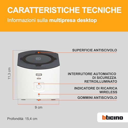 Bticino Multipresa Desktop S3714DBUW, Multipresa Elettrica 5 Posti, Caricatore Wireless 15W, Prese Usb A+C, 2 Prese Schuko, Ciabatta Elettrica Con Interruttore E Led, Spina Piccola 10A, Cavo 2 Metri - 3