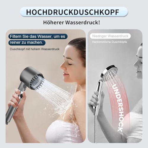 Duschkopf mit Schlauch,Handbrause mit 3 Carbon Duschfilter, Duschbrause mit 4 Strahlarten,Hochdruck brausekopf duschemit stoppfunktion und Filtration Gegen Kalk für Hartes Wasser,Rest-Chlor,Bakterien