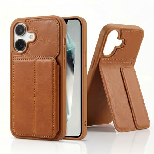 Image of amazon basics Luxury Vegan Leather Back Cover for iPhone 16 | Built-in Card Holder Slot | Integrated Mobile Stand | Slim Shockproof Protective Case with Stitched Finish - Tan