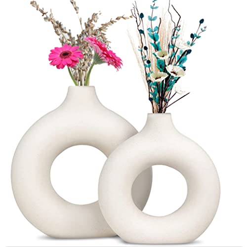 White Ceramic Vase For Modern Home Decor, Hollow Round Matte Pampas Flower Vases, Minimalist Circle Vases For Decor, Boho Decorative Flower Vases For Wedding, Coffee Table, Party, Bedroom Decor (2Pcs) #TOP6
