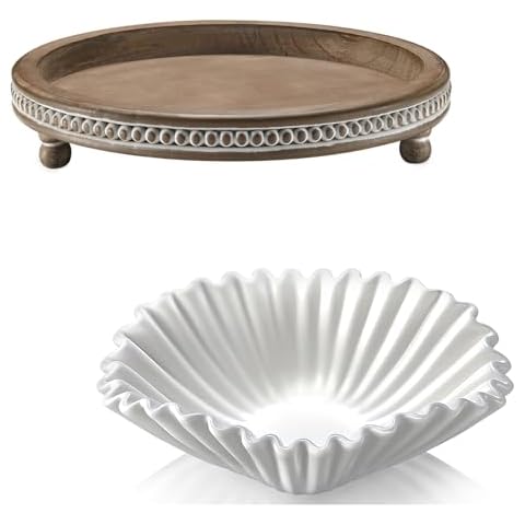 Handmade Wooden Decorative Tray and Food Grade Ceramic Decorative Bowl for Coffee Table, Dining Room Table and Living Room Table Cover