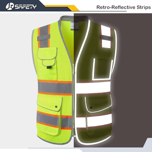 Image of JKSafety 9 Pockets Hi-Vis Safety Vest Breathable Mesh Fabric Cushioned Collar Work Utility PPE Lightweight Industrial Work Gear ANSI /ISEA compliant (101-Yellow M)