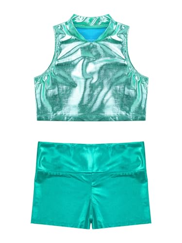 Kids Girls 2pcs Shiny Metallic Gymnastics Dance Tracksuit Sleeveless Mock Neck Crop Top Vest And Boy Shorts Set Blue Green 16 Years3