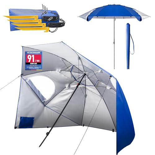 Menz Sonnenschirm Strand windfest stabil Ø 220 cm - Funktionale UPF 50+ Sonnenschirm Muschel Strandschirm mit Seitenwand Sonnenschutz Strand