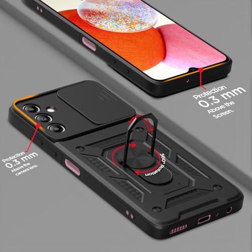 Image of Amazon Basics Back Cover for Samsung Galaxy A14 4G / A14 5G | 360 Protection Case | Sliding Camera Sheild Cover & Ring Holder Stand D10 Tough Armor Bumper Case (Black)