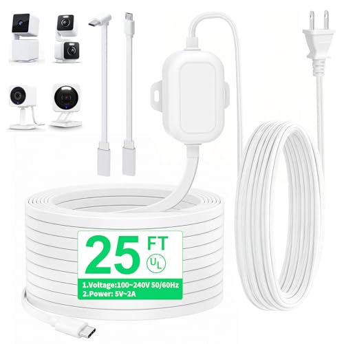 25FT Outdoor Power Adapter for WYZE Pan V3/ V4/ Duo Cam Pan Cam V4/ V3/ Cam OG IP67 Waterproof White Outdoor Extension Cord Flat Charging Cable for WYZE Camera (L-Shaped Micro-USB Cable Included)
