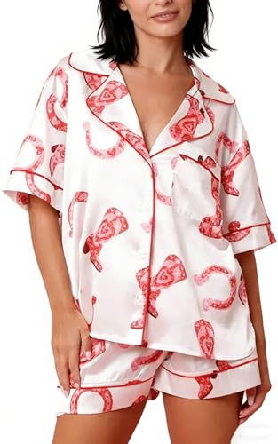 Image of Yiulangde Women's Easter Pajamas 2 Piece Sets Satin Short Sleeve Preppy Easter Eggs Bunny PJs Outfit Button Up Loungewear Set