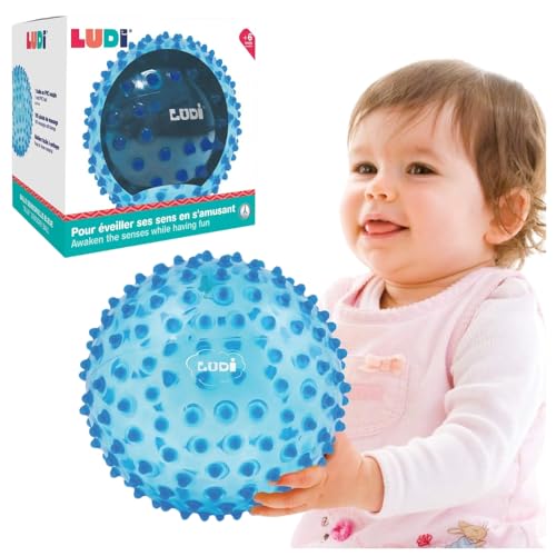 Ludi – Bola de Masaje Azul – Despertar Sensorial para bebé Desde 6 Meses – Punchos tiernos – Estimulación, Destreza y Coordinación – 100% PVC – Lavable – Ø 20 cm – Alivia los Dientes y favorece el