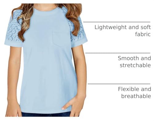 Image of Girls Summer Short Sleeve Shirts Lace Casual Cute Crew Neck Solid Color Blouses Tops Sizes 6-15 Years