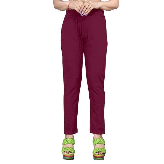 Image of Women's Solid Cotton Lycra Pants-High Waist Slim Fit Stretchable Leggings - Comfortable Long Trousers for Casual, Office & Everyday Wear
