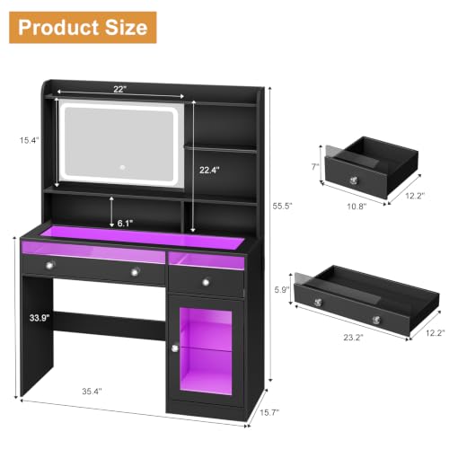 Image of Korfile 35'' Makeup Vanity Desk with Mirror and Lights, Power Outlet Black