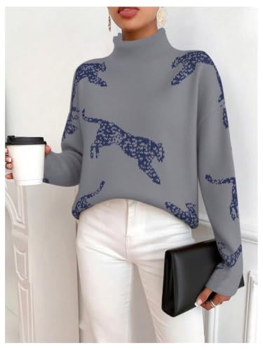 Image of WDIRARA Women's Leopard Tiger Print Sweater High Neck Long Sleeve Fuzzy Knitted Pullover Top