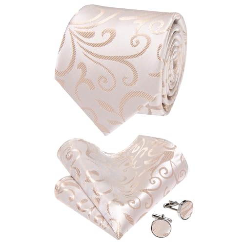 Image of YourTies Mens Tie Silk Champagne Floral Necktie Handkerchief Cufflinks with Lapel Pin Set for Business Wedding, Medium