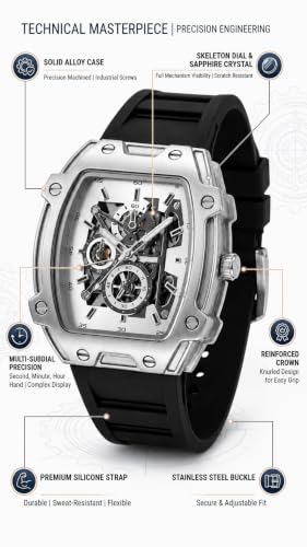 Image of Tonneau Skeleton Automatic Watch for Men - Stainless Steel Case, Mechanical Dial & Premium Black Silicon Strap