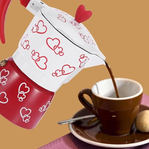 Image of 3 Cup Moka Pot Coffee Maker for Kitchen | Cappuccino & Espresso Stovetop Brewer | Italian Style Aluminium with Heat Resistant Handle | Gas Stove Compatible | Red & White