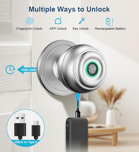 Fingerprint-Door-Lock-Smart-Fingerprint-Door-Knob-with-Lock-Biometric-Door-Lock-with-App-Control-Key-Keyless-Thumbprint-Entry-Door-Lock-for-Bedroom-Front-Door-Home-Apartment-Silver
