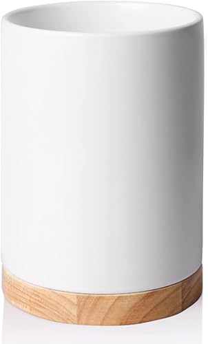 Sweejar Soporte para utensilios de cocina con parte inferior de madera, vajilla de cerámica de 6.7 pulgadas para sostener espátulas para encimera de