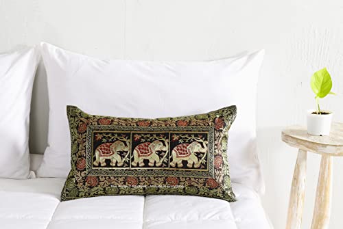 Image of Ravaiyaa - Attitude is everything Banarasi Brocade Silk Pillow Cover Elephant Design Cushion Pillow Sham Case Home Decorative Set of 2 Piece 12 inch X 20 inch Inch