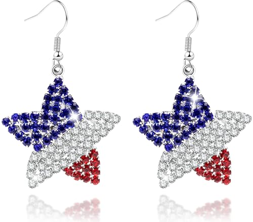 4th of July Independence Day Patriotic Earring for Women American Flag Dangle Earrings Patriotic Red White Blue USA Earring, Pave Crystal Stud