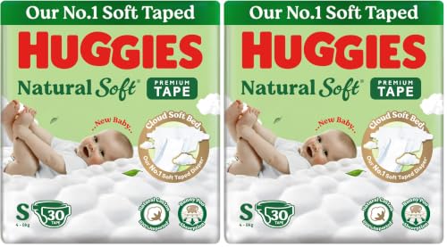 Image of Huggies Natural Soft Premium Tape Diapers Small (S) Size, 4-8 kgs, 30 Count | Our No.1 Soft Taped Diaper with Cloud Soft Bed and Runny Poo Absorption (Pack of 2)