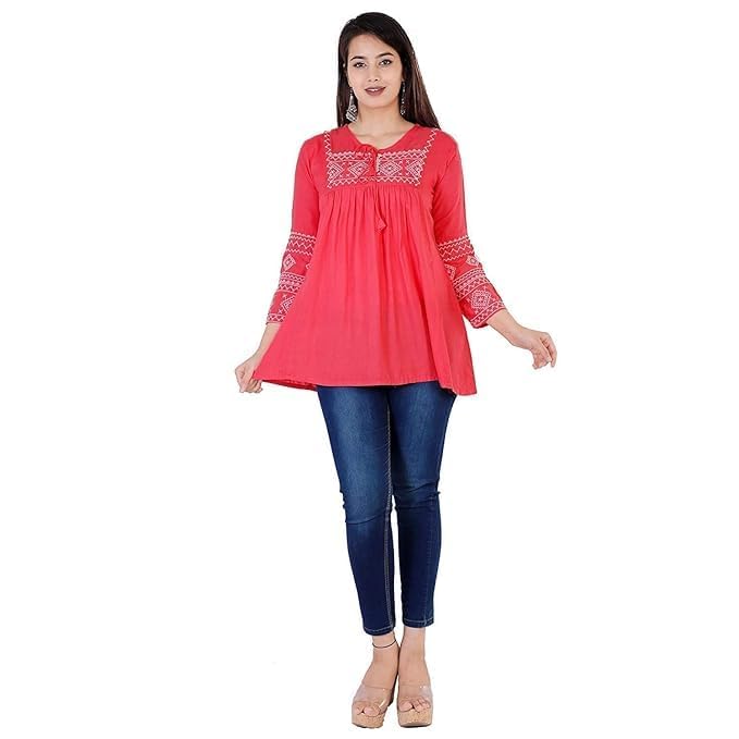 Image of Avayayat Women's Rayon Classic Heavy Embroidery Top with Beautifull Tassels at Front and on Both Sleeves Regular Fit Office Wear Festival Tunic Jeans Summer