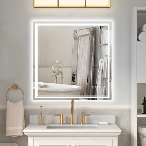 Image of 30x30 Inch Led Mirror for Bathroom with Front Light and Backlit, Bathroom Mirror with Led Lights, Vanity Mirror with Lights for Wall, Anti-Fog, Dimmable, Memory Function, Tempered Glass