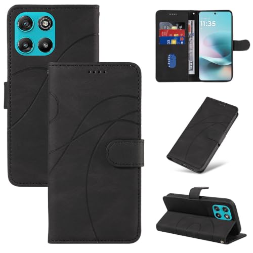 LACAE pour Motorola Moto G67 Coque en Cuir PU - Étui à Rabat avec Porte-Carte, Housse Magnétique avec Support (Black)