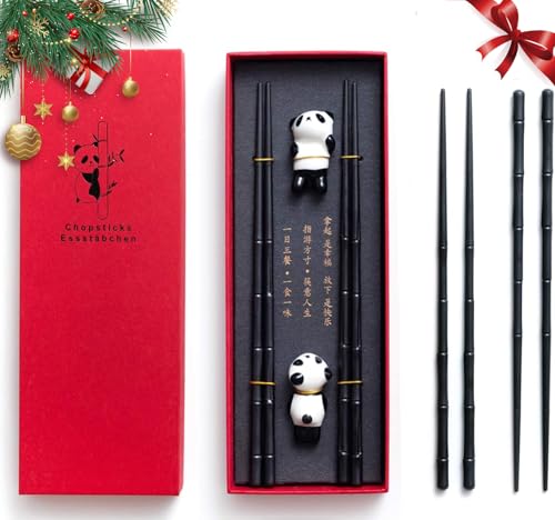 Achkey 2 Paar Essstäbchen mit 2 Chinesischen Panda Keramik Stäbchen...