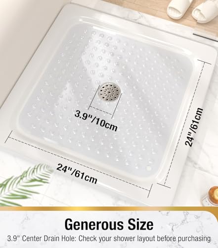 Image of HITSLAM Shower Bathtub Mat Non Slip, 24 inchx 24 inch Bath Mat for Tub, Soft PVC Shower Mats for Inside Shower with Suction Cups and Center Drain Hole, Machine Washable Bathroom Floor Mat, Clear