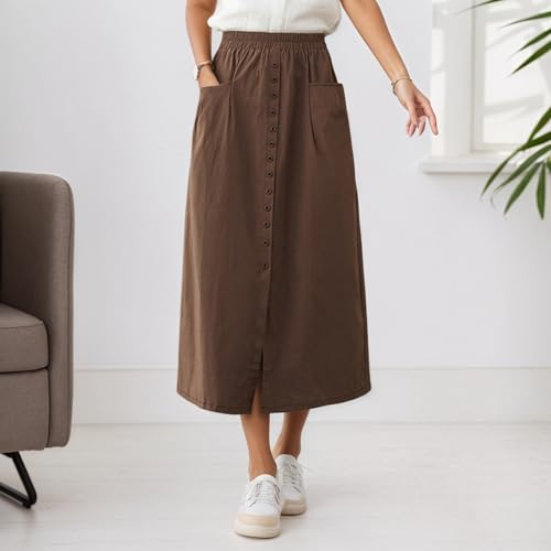 Women’s Vintage Elastic High Waist A Line Slit Hem Midi Skirt Summer Dressy Casual Loose Fit Long Skirts with Pockets2
