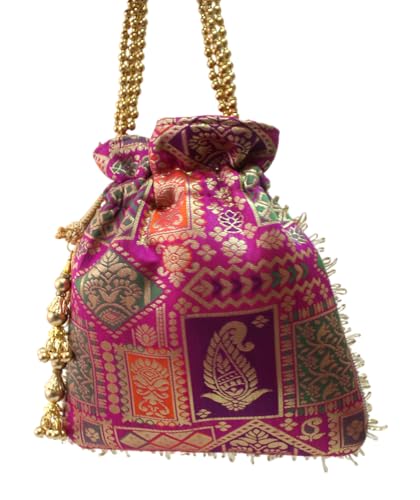 Image of MILAN'S CREATION Patola Potli Banarasi Silk Brocade Bag Purse Drawstring Women's handbag with Pearl Handle & Tassel Weddings (Multicolor- Magenta)