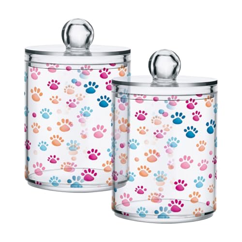 FLildon Colorful Dog Paws Qtip Holder Dispenser, Bathroom Organizer and Storage Containers, 2Pack Clear Plastic Apothecary Jars with Lids for Cotton Ball, Cotton Swab, Floss