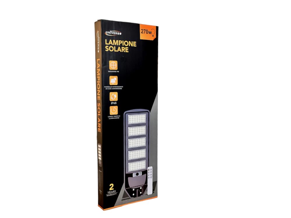 UNIVERSO J02-270W-F LAMPIONE STRADALE LED 270W EQUIVALENTI CON PANNELLO SOLARE FOTOVOLTAICO E SENSORE DI MOVIMENTO IP65 2700 LUMEN