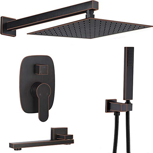 AYIVG Bathroom Brass Ceiling 12 Inch Rainfall Shower Faucet System Mixer Set (Wall Mount, Oil Rubbed Bronze)