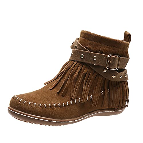 Ankle Boots for Women Flat Side Zip Vintage Womens Cowboy Boots Round Toe Fringe Buckle Straps Studded Western Cowboy Shoes