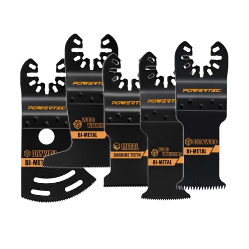 POWERTEC Oscillating Tool Blade 5pc Set – Bi-Metal & Carbide Multitool Blades for Cutting Wood, Metal, Nail-Embedded Wood, Drywall, Cement Board and Plastic (14500)