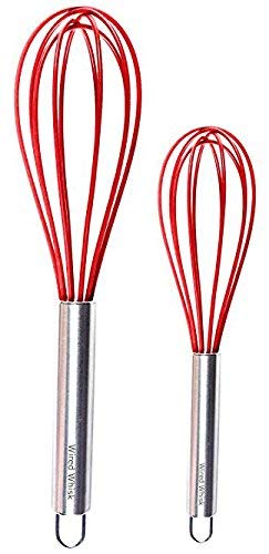 Wired Whisk Silicone Whisk Set of 2 - Stainless Steel & Silicone Kitchen Utensils for Blending, Whisking, Beating & Stirring - (12-inch & 8.5-inch (Two Red)