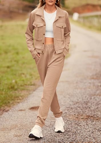 Image of PRETTYGARDEN Womens Two Piece Sets Fall 2026 Long Sleeve Button Down Shacket Jacket Long Sweatpants Tracksuit Winter Clothes
