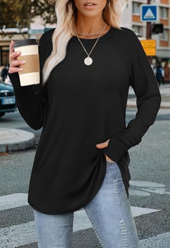Womens Tunic Tops to Wear with Leggings Long Sleeve Thumb Hole Shirts Crew Neck Curved Hem