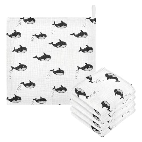 Image of vvfelixl Little Cute Orca Baby Burp Cloths Baby Muslin Washcloths for Boys Girls Cotton Babys Face Towel for Newborn Infants Soft and Absorbent 11.8 X 11.8 in, 5 Pack
